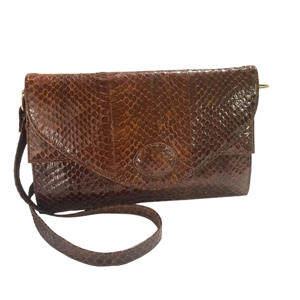 Vintage Brown Snakeskin Envelope Shoulder Bag Crossbody Purse 10”L x 6.5”W x 4”D
